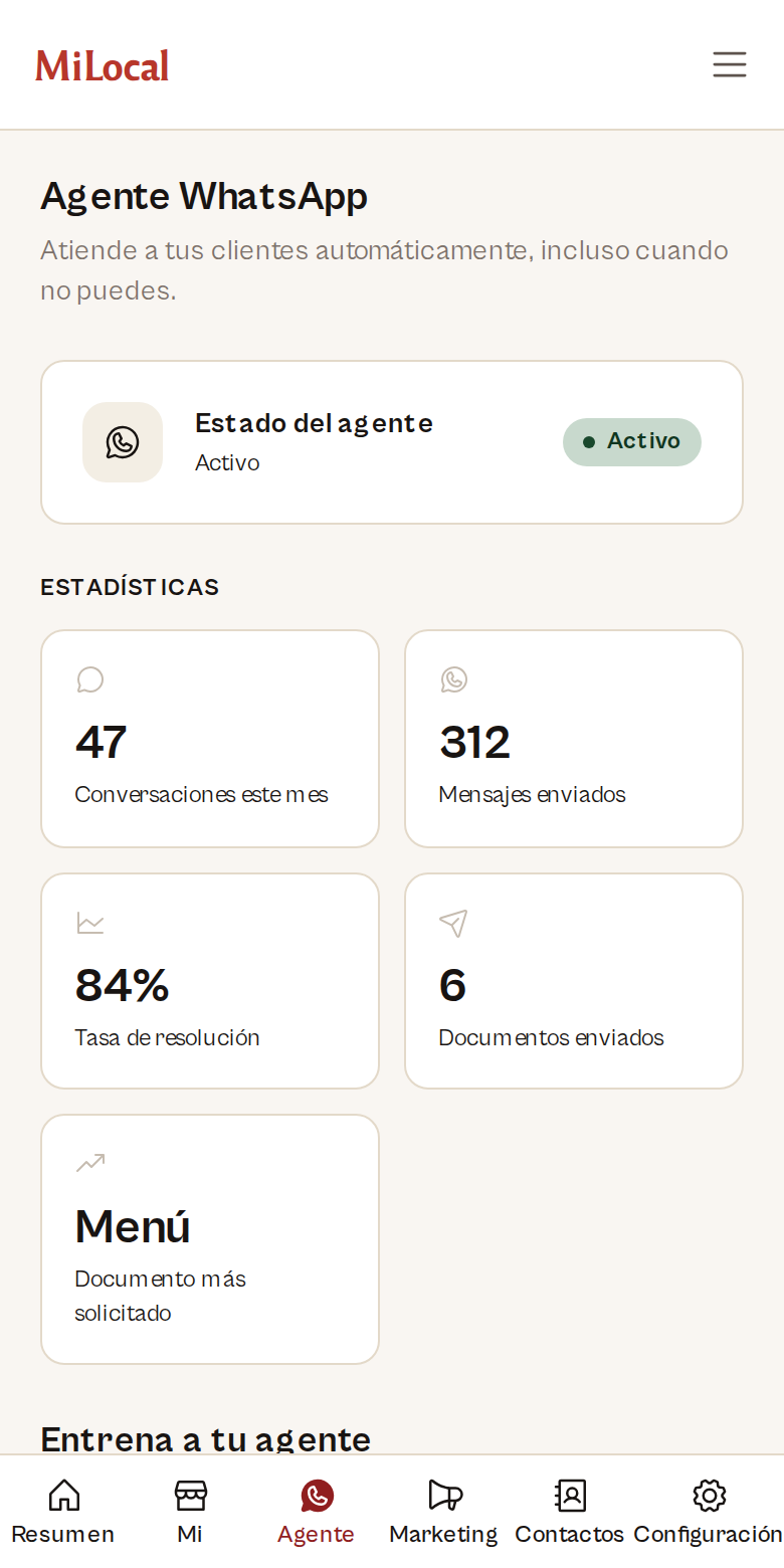 MiLocal en móvil mostrando el agente del dueño